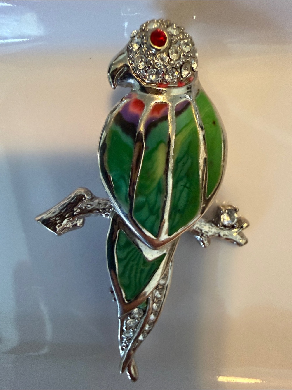 Green Parrot Enamel & Crystal Brooch - Jewelry Accent